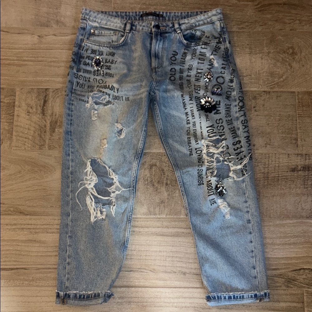 Distressed Blue Jeans with Text Print